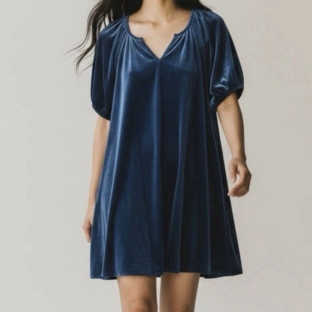 Old Navy Blue Velvet Mini Shift Dress V-Neck Puff Sleeve Tunic Size Large Boho
